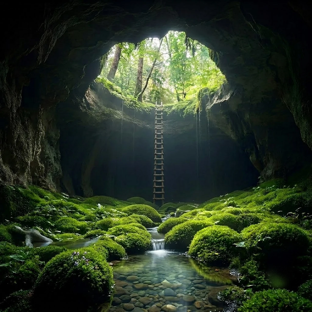 Looking up from the floor of a collapsed cave: bright moss over
                rounded boulders, wet basalt walls, and daylight falling through
                a ragged opening in the ceiling.